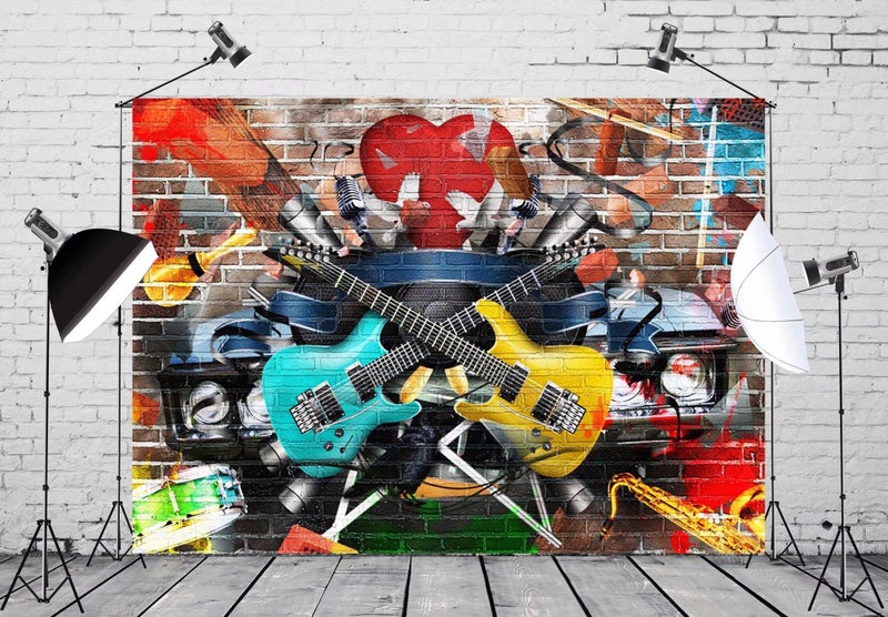 BELECO 7x5ft Fabric Rock and Roll Guitar Backdrop Graffiti Brick Wall Musical Phtography Backdrop for Party Decoration 80s 90s Birthday Banner Disco Concert Photoshoot Photo Background Props - Image 3